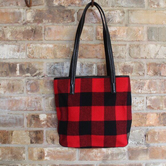 Pendleton 100% Wool / Leather Buffalo Plaid Tote Bag Shoulder Purse - Picture 1 of 15